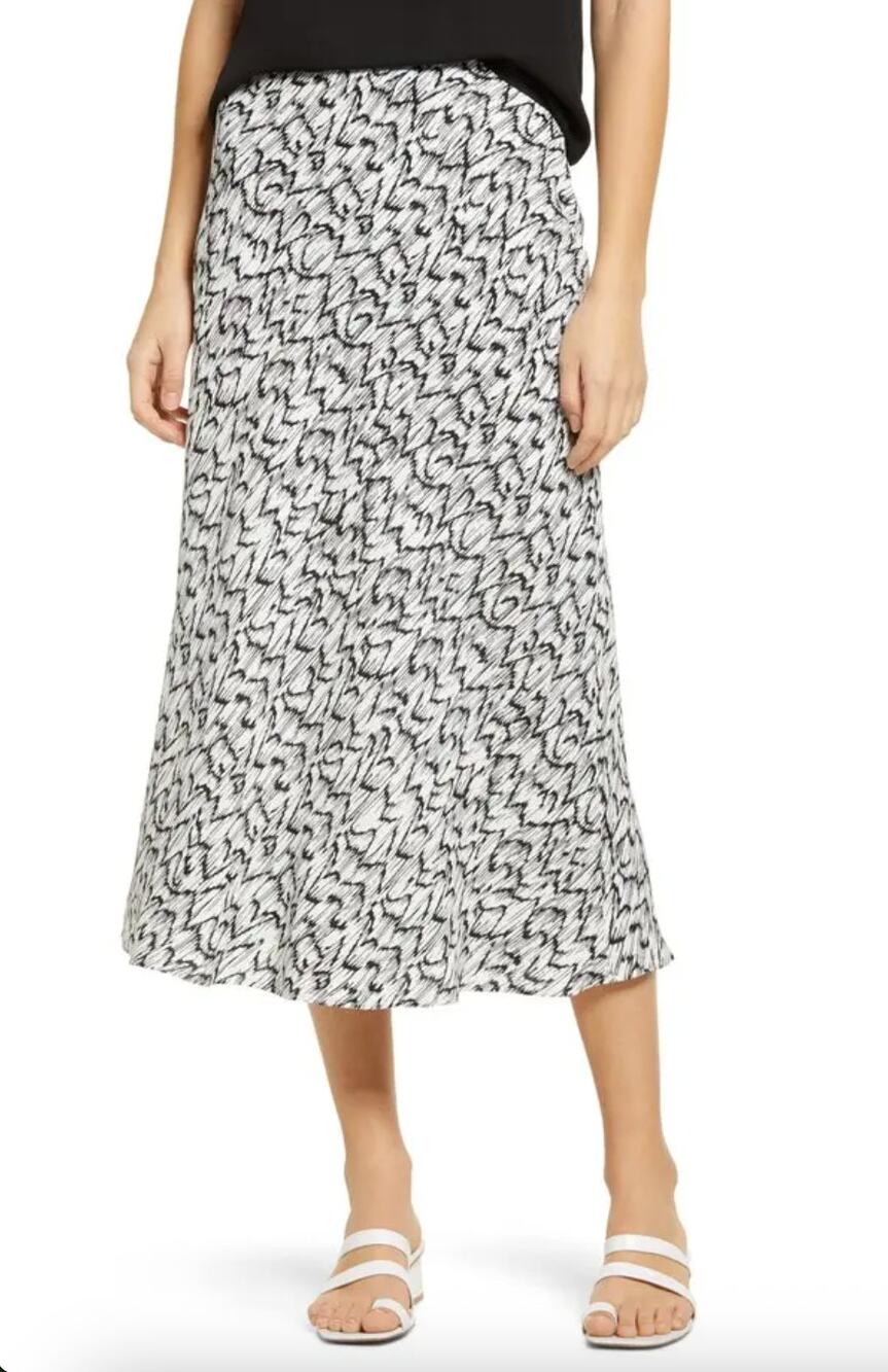 Halogen Bias Cut A-Line Midi Skirt Size S Abstract Print Preppy Office Modest